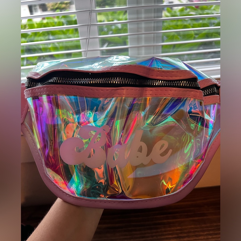 Transparent rainbow metallic fanny pack “babe”